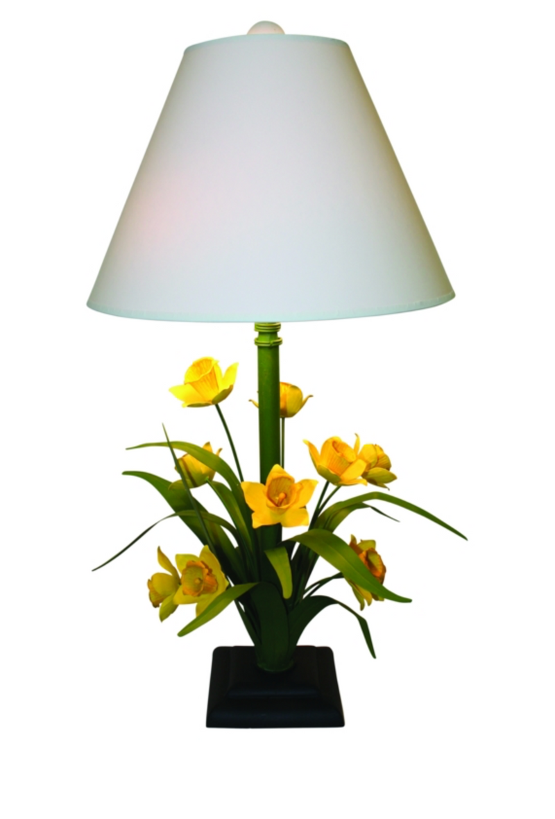 Hand Painted Yellow Daffodil Table Lamp with Ivory Shade and Ball Finial