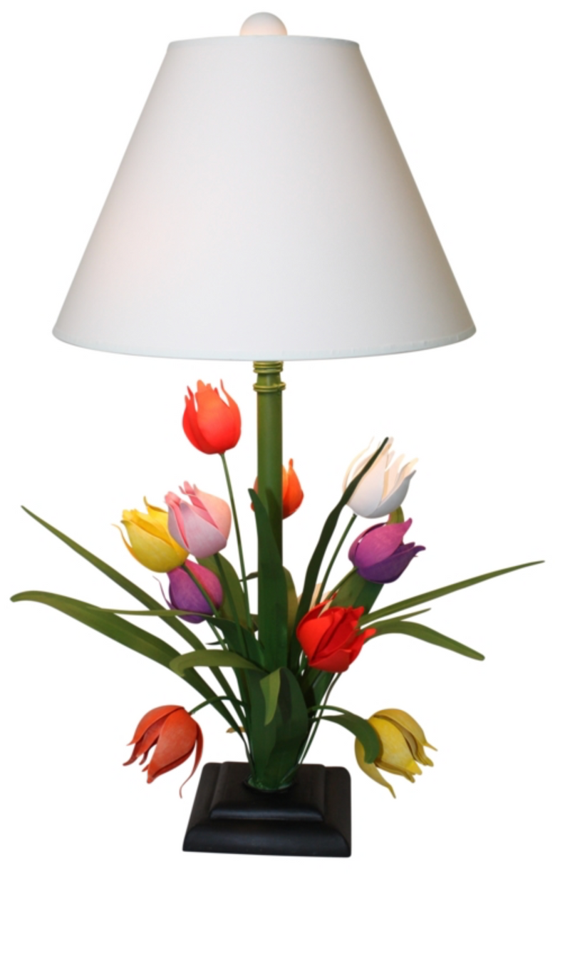 Hand Painted Multi-Color Tulip Lamp with Ivory Shade and Ball Finial