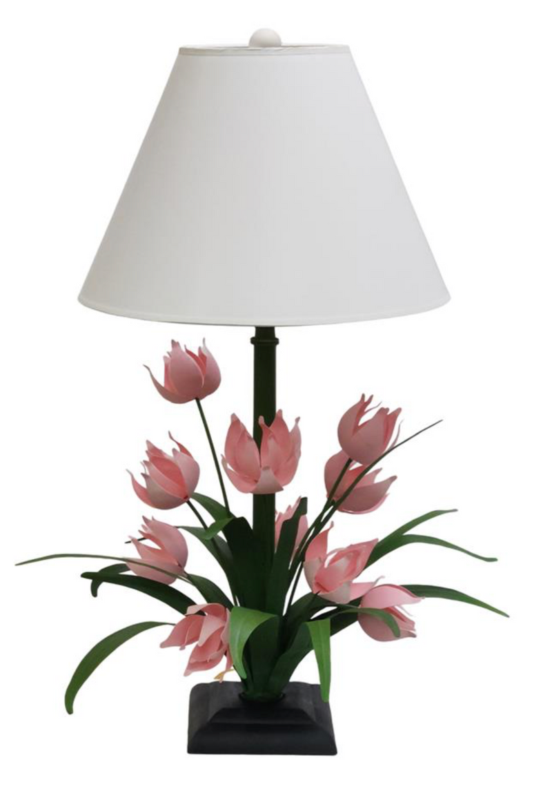 Hand Painted Pink Tulip Lamp with Ivory Shade and Ball Finial