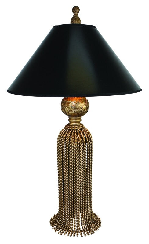 Medium Antique Gold Twisted Iron Tassel Lamp with Black Shade